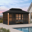 PURPLE LEAF Sunroom Hardtop Gazebo with Wood Grain Columns Black Frame Double Roof Galvanized Steel Solarium All-Weather Screen House