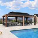 PURPLE LEAF Hardtop Gazebo for Patio Wood Grain Aluminum Frame Awning with Netting