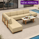 PURPLE LEAF Breck L-Shaped with table Modular Outdoor Sectional with Wood-Grain Aluminum Frame and Thick Teak-Colored Cushions for Luxury Backyard Lounge