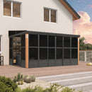 PURPLE LEAF Wall Mounted Sunroom Galvanized Steel Sloped Roof Lean-to Enclosed Aluminum Grey Frame Wood Grain Columns for Outdoor Home Extension