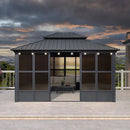 PURPLE LEAF Sunroom Hardtop Gazebo Solarium Grey Galvanized Steel Double Roof  All-Weather Aluminum Outdoor Screen House with String Lights