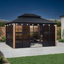 PURPLE LEAF Sunroom Hardtop Gazebo with Wood Grain Columns Black Frame Double Roof Galvanized Steel Solarium All-Weather Screen House with String Lights