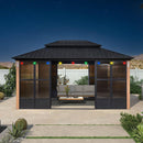 PURPLE LEAF Sunroom Hardtop Gazebo with Wood Grain Columns Black Frame Double Roof Galvanized Steel Solarium All-Weather Screen House with String Lights
