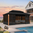PURPLE LEAF Sunroom Hardtop Gazebo with Wood Grain Columns Black Frame Double Roof Galvanized Steel Solarium All-Weather Screen House