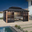 PURPLE LEAF Sunroom Hardtop Gazebo with Wood Grain Columns Black Frame Double Roof Galvanized Steel Solarium All-Weather Screen House with String Lights