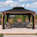 PURPLE LEAF Hardtop Gazebo for Patio Wood Grain Aluminum Frame Awning with Netting