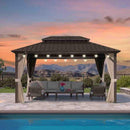 PURPLE LEAF Hardtop Gazebo Featuring Galvanized Steel Double Roof and Bronze Aluminum Frame with Curtains and Netting for Poolside with Lights-clear