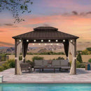 PURPLE LEAF Hardtop Gazebo Featuring Galvanized Steel Double Roof and Bronze Aluminum Frame with Curtains and Netting for Poolside with Lights-clear