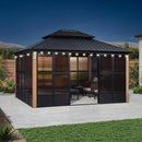 PURPLE LEAF Sunroom Hardtop Gazebo with Wood Grain Columns Black Frame Double Roof Galvanized Steel Solarium All-Weather Screen House with String Lights