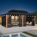PURPLE LEAF Sunroom Hardtop Gazebo with Wood Grain Columns Black Frame Double Roof Galvanized Steel Solarium All-Weather Screen House with String Lights