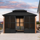 PURPLE LEAF Sunroom Hardtop Gazebo with Wood Grain Columns Black Frame Double Roof Galvanized Steel Solarium All-Weather Screen House