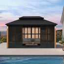 PURPLE LEAF Sunroom Hardtop Gazebo with Wood Grain Columns Black Frame Double Roof Galvanized Steel Solarium All-Weather Screen House