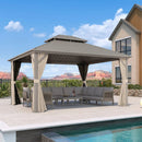 PURPLE LEAF Deck Gazebo Champagne Hardtop Metal Frame Double Roof with Curtains and Netting