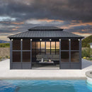 PURPLE LEAF Sunroom Hardtop Gazebo Solarium Grey Galvanized Steel Double Roof  All-Weather Aluminum Outdoor Screen House with String Lights
