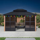 PURPLE LEAF Sunroom Hardtop Gazebo with Wood Grain Columns Black Frame Double Roof Galvanized Steel Solarium All-Weather Screen House with String Lights