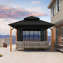 PURPLE LEAF Sunroom Hardtop Gazebo with Wood Grain Columns Black Frame Double Roof Galvanized Steel Solarium All-Weather Screen House
