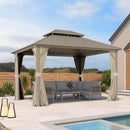 PURPLE LEAF Deck Gazebo Champagne Hardtop Metal Frame Double Roof with Curtains and Netting