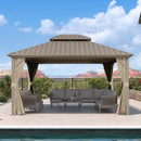 PURPLE LEAF Deck Gazebo Champagne Hardtop Metal Frame Double Roof with Curtains and Netting