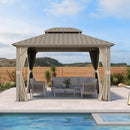 PURPLE LEAF Deck Gazebo Champagne Hardtop Metal Frame Double Roof with Curtains and Netting