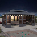 PURPLE LEAF Sunroom Hardtop Gazebo Solarium Grey Galvanized Steel Double Roof  All-Weather Aluminum Outdoor Screen House with String Lights