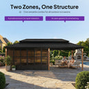 PURPLE LEAF Sunroom Hardtop Gazebo with Wood Grain Columns Black Frame Double Roof Galvanized Steel Solarium All-Weather Screen House