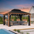PURPLE LEAF Hardtop Gazebo for Patio Wood Grain Aluminum Frame Awning with String Lights-milky