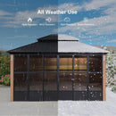 PURPLE LEAF Sunroom Hardtop Gazebo with Wood Grain Columns Black Frame Double Roof Galvanized Steel Solarium All-Weather Screen House with String Lights