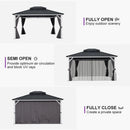 PURPLE LEAF Modern Gazebo Grey Hardtop Galvanized Steel Double Roof White Aluminum Poles with Curtains and Netting with Lights-clear
