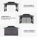 PURPLE LEAF Modern Gazebo Grey Hardtop Galvanized Steel Double Roof White Aluminum Poles with Curtains and Netting with Lights-milky