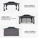 PURPLE LEAF Modern Gazebo Grey Hardtop Galvanized Steel Double Roof White Aluminum Poles with Curtains and Netting
