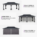 PURPLE LEAF Modern Gazebo Grey Hardtop Galvanized Steel Double Roof White Aluminum Poles with Curtains and Netting with Lights-clear