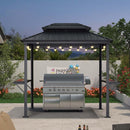 PURPLE LEAF Hardtop Grill Gazebo for Patio Grey Permanent Metal Roof Outside Sun Shade Outdoor BBQ Canopy with String Lights