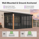 PURPLE LEAF Wall Mounted Sunroom Galvanized Steel Sloped Roof Lean-to Gazebo Aluminum Grey Frame Wood Grain Columns for Outdoor Home Extension with String Lights