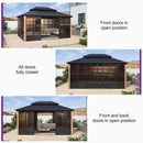 PURPLE LEAF Sunroom Hardtop Gazebo with Wood Grain Columns Black Frame Double Roof Galvanized Steel Solarium All-Weather Screen House with String Lights