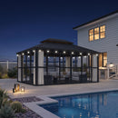 PURPLE LEAF Luxury Sunroom Solarium 360° Transparent Outdoor Living Room with Elegant Curtains Outdoor Gazebo with 4-Side Sliding Doors and Windows for Entertaining with String Lights