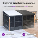 PURPLE LEAF Wall Mounted Sunroom Galvanized Steel Sloped Roof Lean-to Gazebo Aluminum Grey Frame Wood Grain Columns for Outdoor Home Extension with String Lights