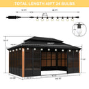 PURPLE LEAF Sunroom Hardtop Gazebo with Wood Grain Columns Black Frame Double Roof Galvanized Steel Solarium All-Weather Screen House with String Lights