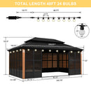 PURPLE LEAF Sunroom Hardtop Gazebo with Wood Grain Columns Black Frame Double Roof Galvanized Steel Solarium All-Weather Screen House with String Lights