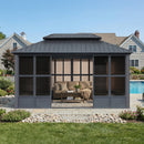 PURPLE LEAF Sunroom Hardtop Gazebo Solarium Grey Galvanized Steel Double Roof  All-Weather Aluminum Outdoor Screen House