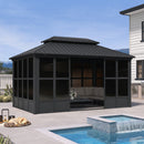 PURPLE LEAF Sunroom Hardtop Gazebo Solarium Grey Galvanized Steel Double Roof  All-Weather Aluminum Outdoor Screen House with String Lights