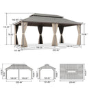 PURPLE LEAF Deck Gazebo Champagne Hardtop Metal Frame Double Roof with Curtains and Netting
