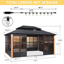 PURPLE LEAF Sunroom Hardtop Gazebo with Wood Grain Columns Black Frame Double Roof Galvanized Steel Solarium All-Weather Screen House with String Lights