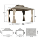PURPLE LEAF Deck Gazebo Champagne Hardtop Metal Frame Double Roof with Curtains and Netting