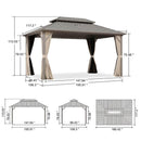 PURPLE LEAF Deck Gazebo Champagne Hardtop Metal Frame Double Roof with Curtains and Netting