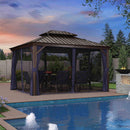 PURPLE LEAF Outdoor Hardtop Gazebo for Patio Bronze Aluminum Frame Pavilion with Navy-Blue Curtain and Reinforced Support Rods