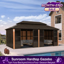 PURPLE LEAF Bronze Frame Sunroom Hardtop Gazebo Solarium Wood Grain Columns Galvanized Steel Double Roof All-Weather Screen House