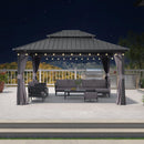 PURPLE LEAF Grey Hardtop Gazebo with Heavy Duty Galvanized Steel Double Roof with String Lights-clear
