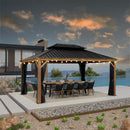 PURPLE LEAF Hardtop Gazebo for Patio Wood Grain Aluminum Frame Awning with String Lights-milky