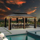 PURPLE LEAF Hardtop Gazebo for Patio Wood Grain Aluminum Frame Awning with String Lights-milky