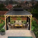 PURPLE LEAF Hardtop Gazebo for Patio Wood Grain Aluminum Frame Awning with String Lights-milky